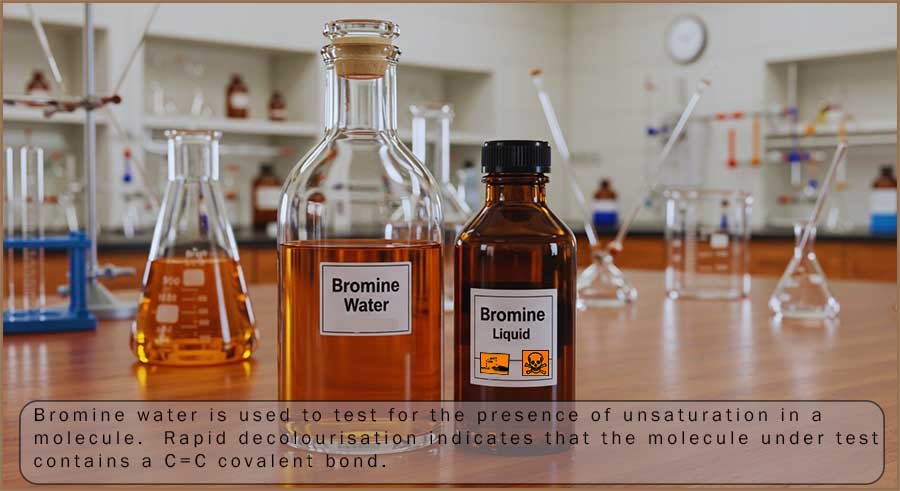 Bottles of bromine water and bromine on the bench in the lab.  Bromine water is used to test for unsaturation in a molecule.